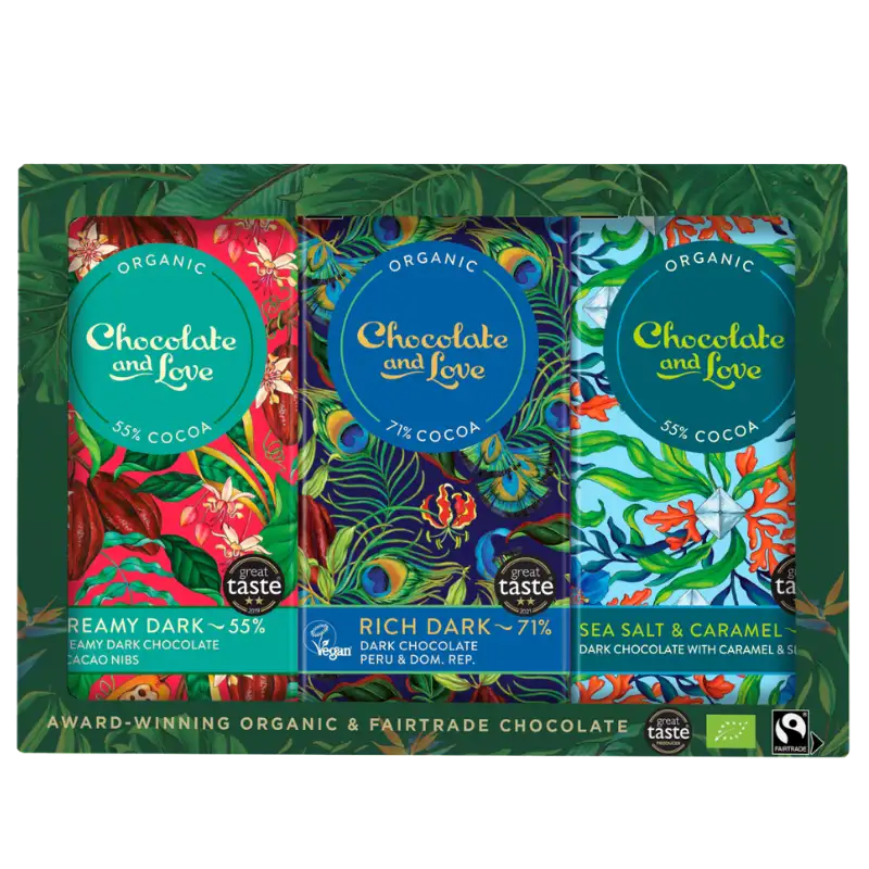 Chocolate and Love Gaveæske med Fairtrade plader chokolade Ø (3x80 g)