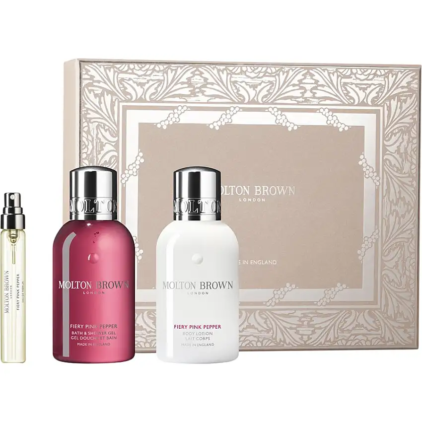 Molton Brown Fiery Pink Pepper Travel collection Eau de Parfum Spray 7.5 ml + Bath and Shower Gel 100 ml + Body Lotion 100 ml / 1 Stk.