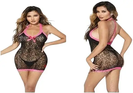 Erotisk netkjole, elastisk, lyserød med sort 89935558