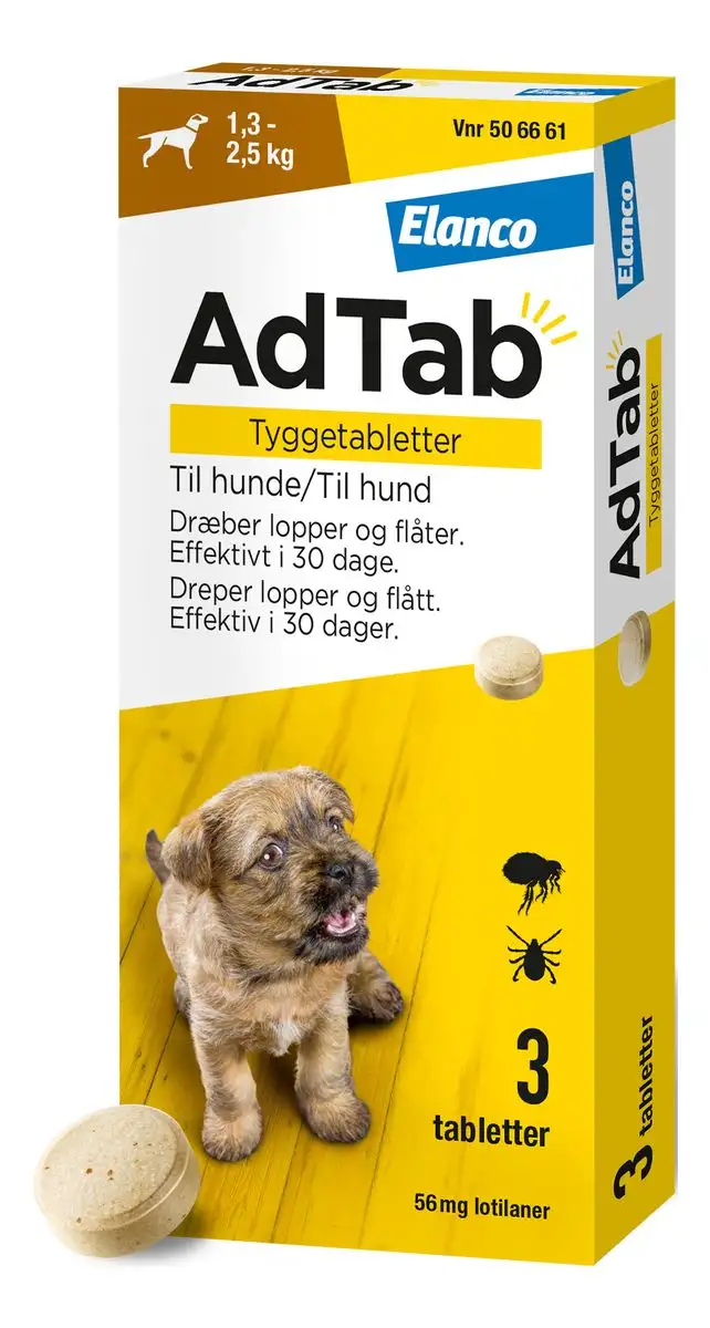 AdTab tyggetabletter til hund, 1,3-2,5 kg (56 mg) - 3 tabl.
