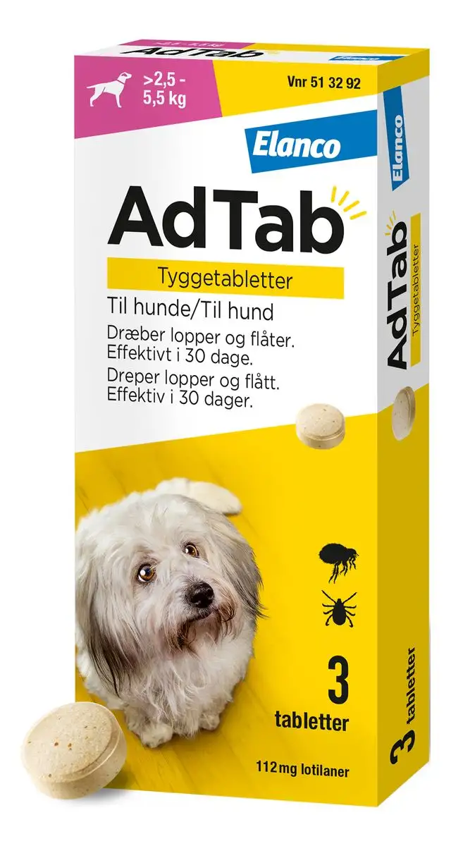 AdTab tyggetabletter til hund, 2,5-5,5 kg (112 mg) - 3 tabl.