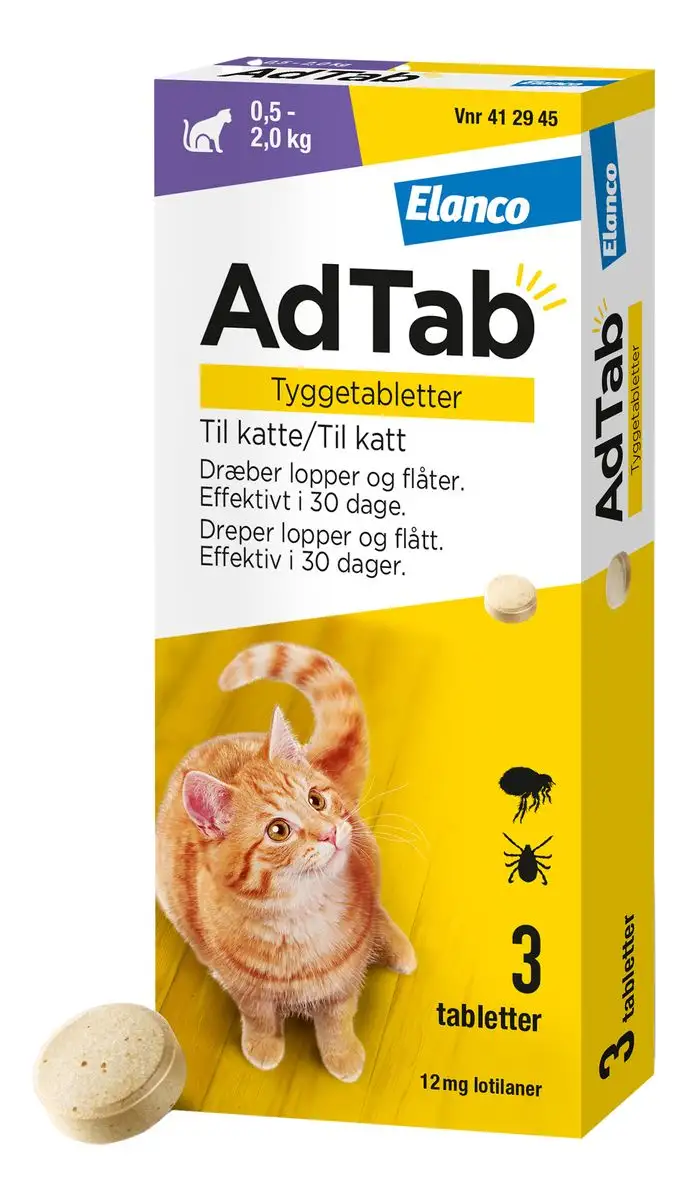 AdTab tyggetabletter til katte, 0,5-2,0 kg (12 mg) - 3 tabl.