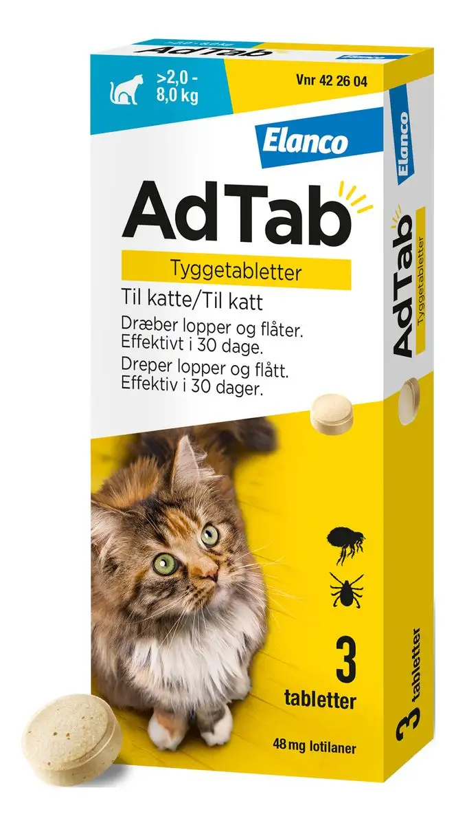 AdTab tyggetabletter til katte, 2,0-8,0 kg (48 mg) - 3 tabl.