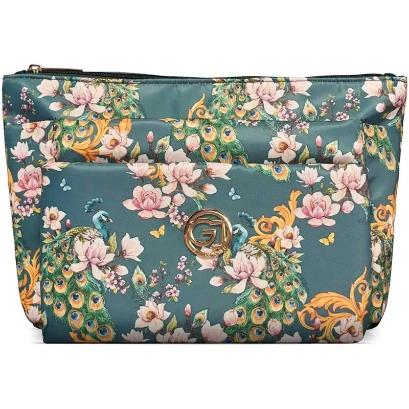 Gillian Jones 3 Room Cosmetics Bag - Green Flowers 10009-76