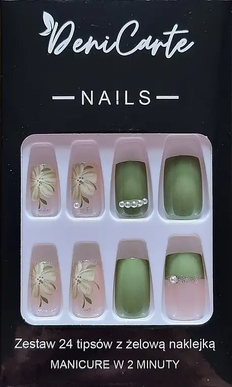 Kunstige negle "Khaki med blomster", 24 stk 52261321